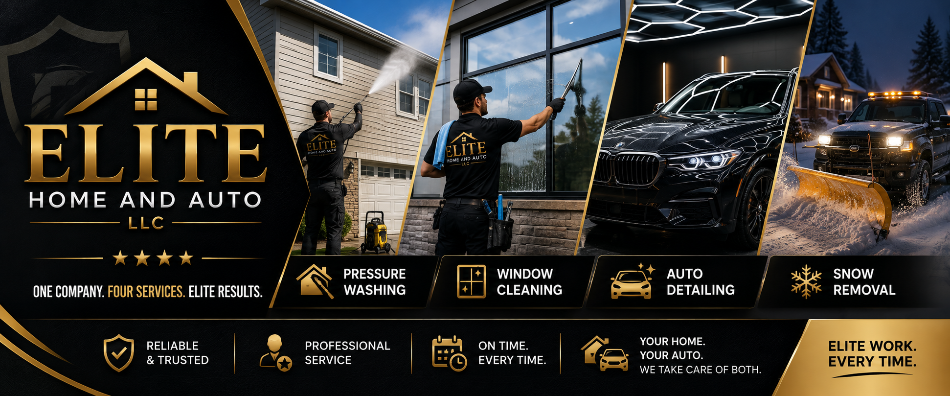 Elite Home and Auto LLC services: pressure washing, window cleaning, auto detailing, snow removal